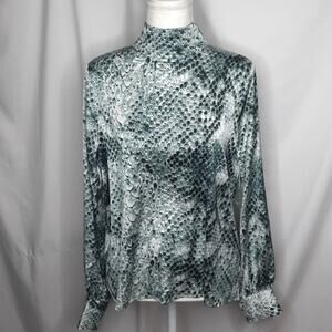 Worthington Women's Snake Pattern Reverse Bow Tie Blouse Green Small